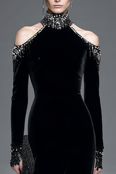 Glitzernd Schwarz Hoher Kragen Samt Langarm Abendkleid mit Perlen