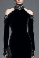 Laden Sie das Bild in den Galerie-Viewer, Glitzer Schwarz Samt Hoher Kragen Langarm Feiertagsparty Kleid mit Perlen