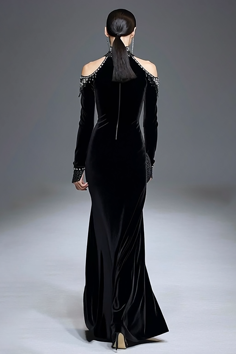 Laden Sie das Bild in den Galerie-Viewer, Glitzer Schwarz Samt Hoher Kragen Langarm Feiertagsparty Kleid mit Perlen