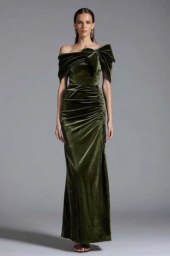 Oliven Sheath Schulterfreie Lang Samt Feiertagsparty Kleid mit Schleife