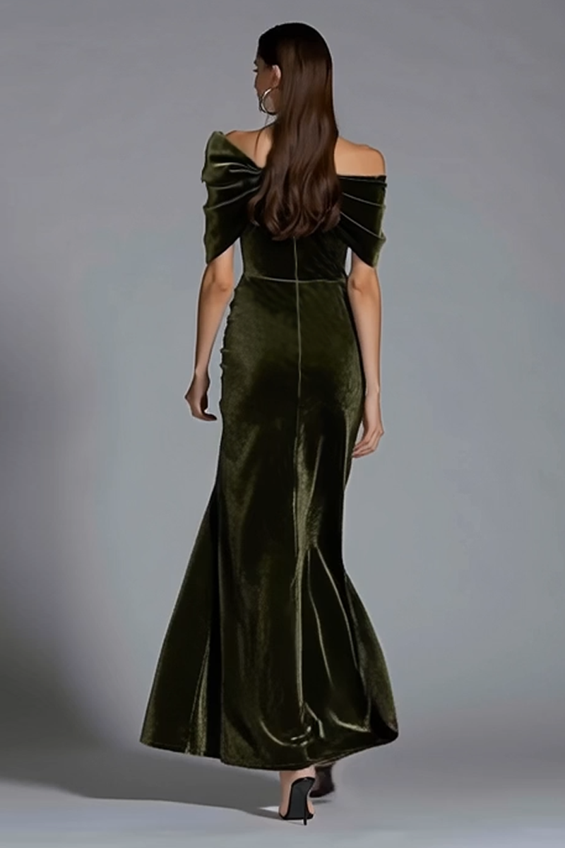 Laden Sie das Bild in den Galerie-Viewer, Oliven Sheath Schulterfreie Lang Samt Feiertagsparty Kleid mit Schleife