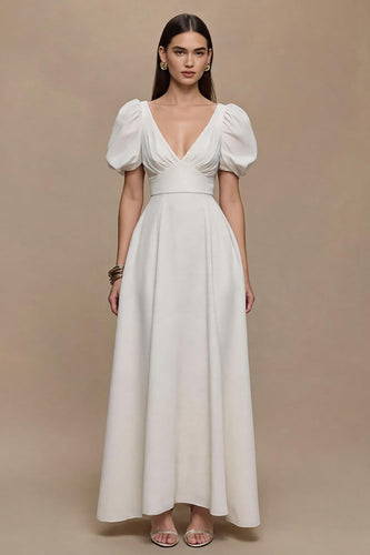 Elfenbein Satin V-Ausschnitt Puffärmel Lang Formelle Kleid