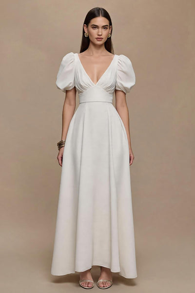 Elfenbein Satin V-Ausschnitt Puffärmel Lang Formelle Kleid