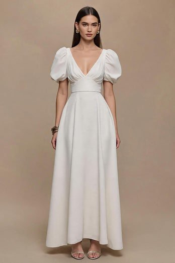 Elfenbein Satin V-Ausschnitt Puffärmel Lang Formelle Kleid