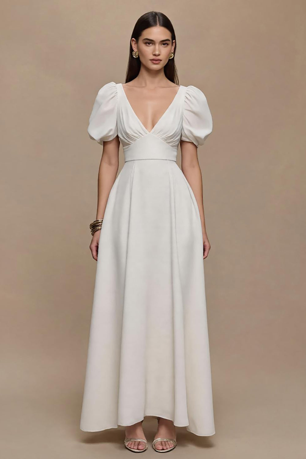 Elfenbein Satin V-Ausschnitt Puffärmel Lang Formelle Kleid
