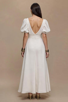 Elfenbein Satin V-Ausschnitt Puffärmel Lang Formelle Kleid