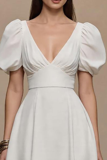 Elfenbein Satin V-Ausschnitt Puffärmel Lang Formelle Kleid
