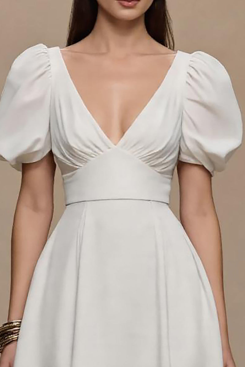 Laden Sie das Bild in den Galerie-Viewer, Elfenbein Satin V-Ausschnitt Puffärmel Lang Formelle Kleid