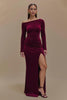 Laden Sie das Bild in den Galerie-Viewer, Bordeaux Satin Ein Schulter Langarm Abendkleid mit Schlitz