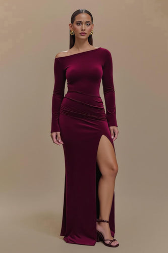 Bordeaux Satin Ein Schulter Langarm Abendkleid mit Schlitz