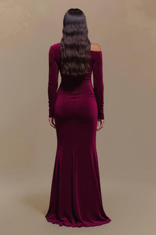 Bordeaux Satin Ein Schulter Langarm Abendkleid mit Schlitz