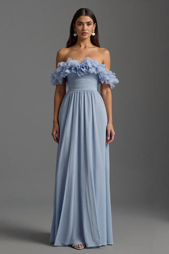 Himmelblau A Linie Chiffon Gerafft Lang Abendkleid mit Rüschen
