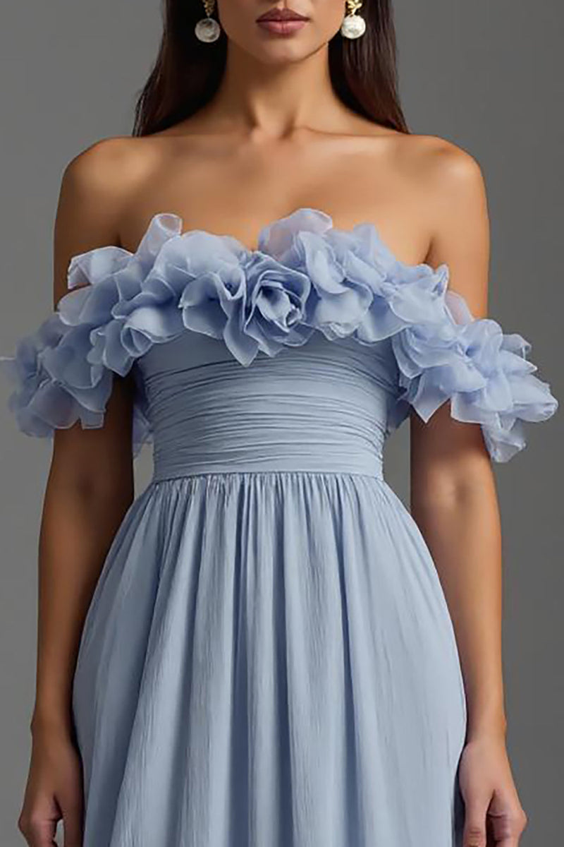 Laden Sie das Bild in den Galerie-Viewer, Himmelblau A Linie Chiffon Gerafft Lang Abendkleid mit Rüschen