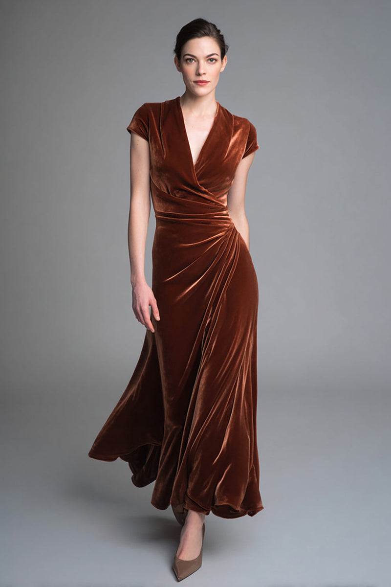 Laden Sie das Bild in den Galerie-Viewer, Karamell Samt V Ausschnitt Gerafft Lang Abendkleid mit Ärmeln