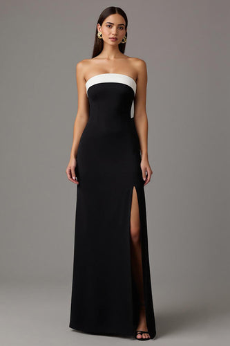 Schwarz und Weiß Etuikleid Trägerlos Lang Abendkleid mit Schlitz
