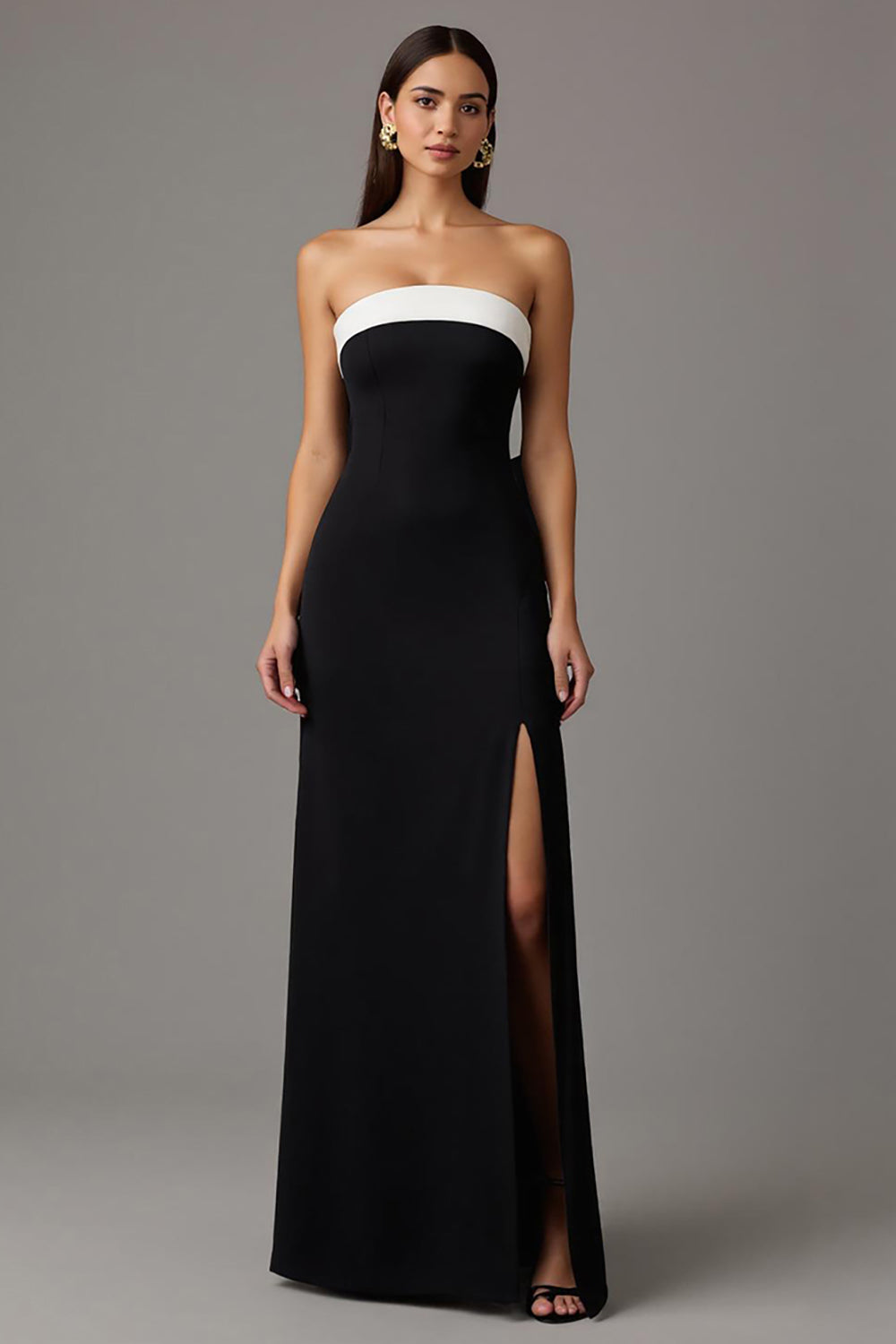 Schwarz und Weiß Etuikleid Trägerlos Lang Abendkleid mit Schlitz