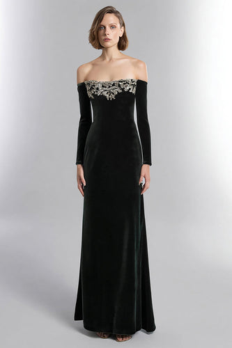 Schwarz Samt Langarm Abendkleid mit Strass