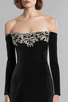 Schwarz Samt Langarm Abendkleid mit Strass