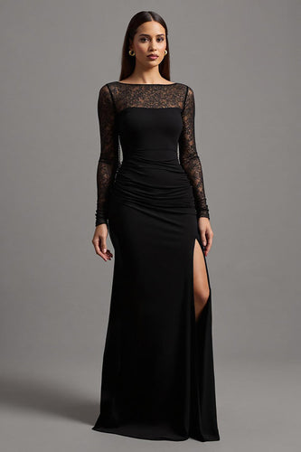 Schwarz Etuikleid Illusionsausschnitt Langarm Formelles Kleid mit Spitze