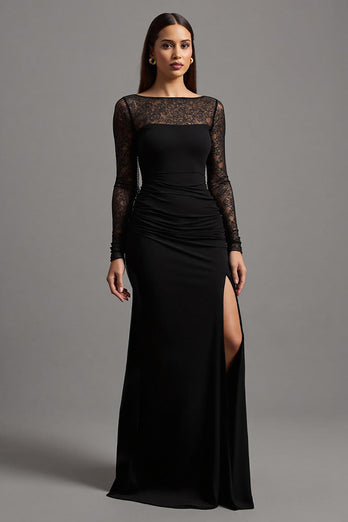 Schwarz Etuikleid Illusionsausschnitt Langarm Formelles Kleid mit Spitze
