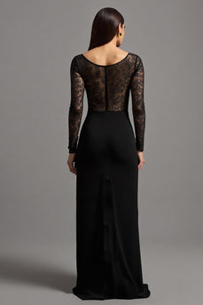 Schwarz Etuikleid Illusionsausschnitt Langarm Formelles Kleid mit Spitze