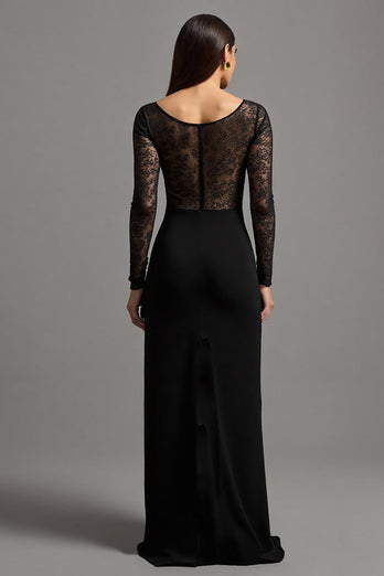 Schwarz Etuikleid Illusionsausschnitt Langarm Formelles Kleid mit Spitze