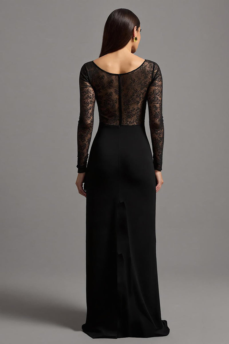 Laden Sie das Bild in den Galerie-Viewer, Schwarz Etuikleid Illusionsausschnitt Langarm Formelles Kleid mit Spitze