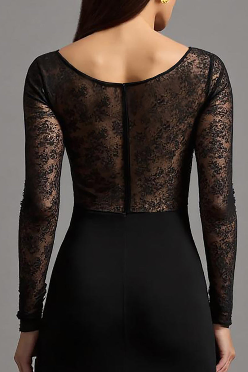 Laden Sie das Bild in den Galerie-Viewer, Schwarz Etuikleid Illusionsausschnitt Langarm Formelles Kleid mit Spitze