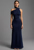 Laden Sie das Bild in den Galerie-Viewer, Marine Etuikleid Satin Asymmetrischer Ausschnitt Lang Abendkleid
