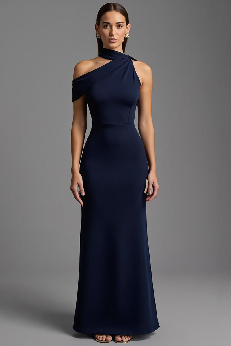 Laden Sie das Bild in den Galerie-Viewer, Marine Etuikleid Satin Asymmetrischer Ausschnitt Lang Abendkleid