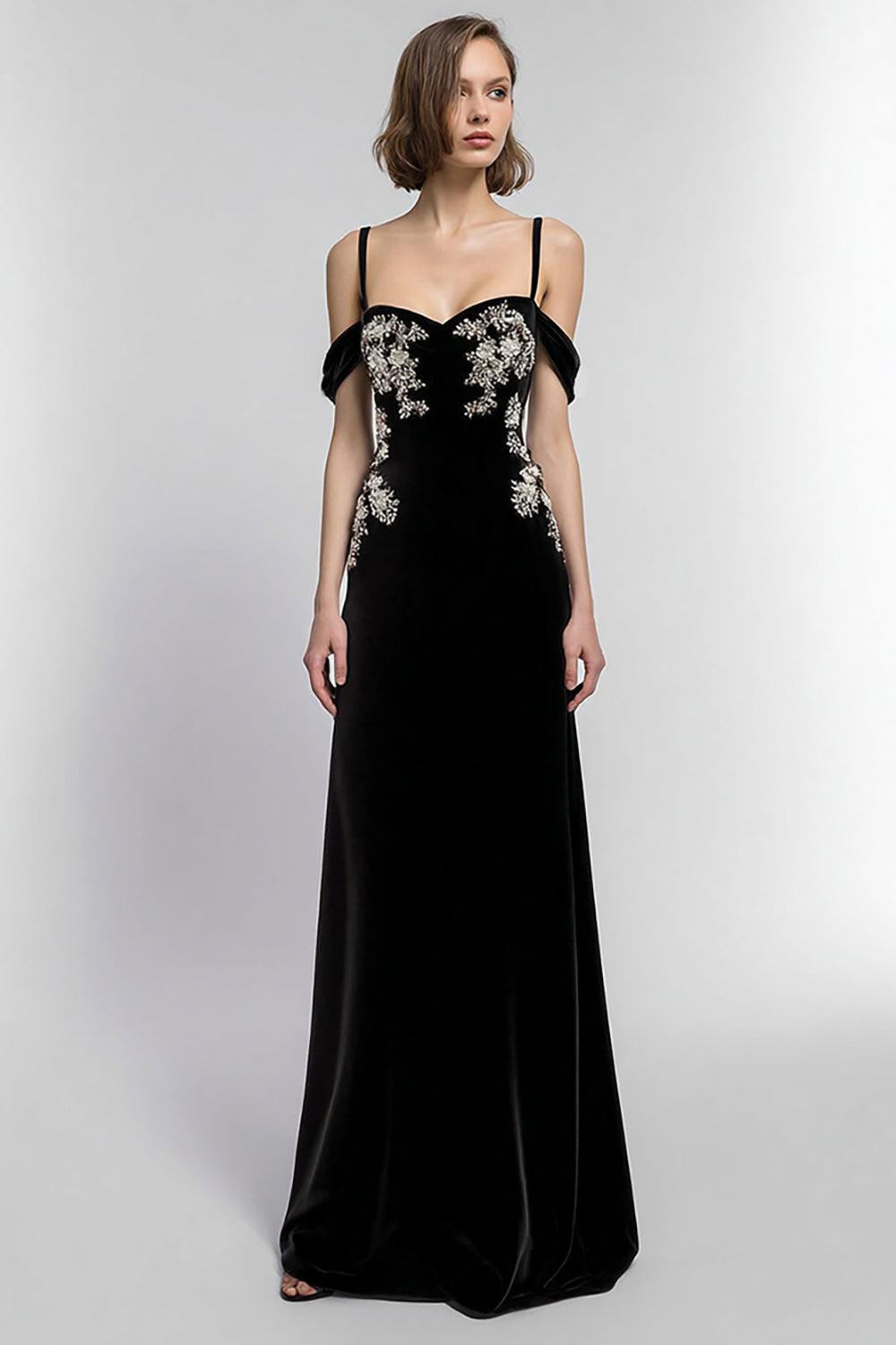 Schwarz Samt A Linie Kalte Schulter Lang Abendkleid