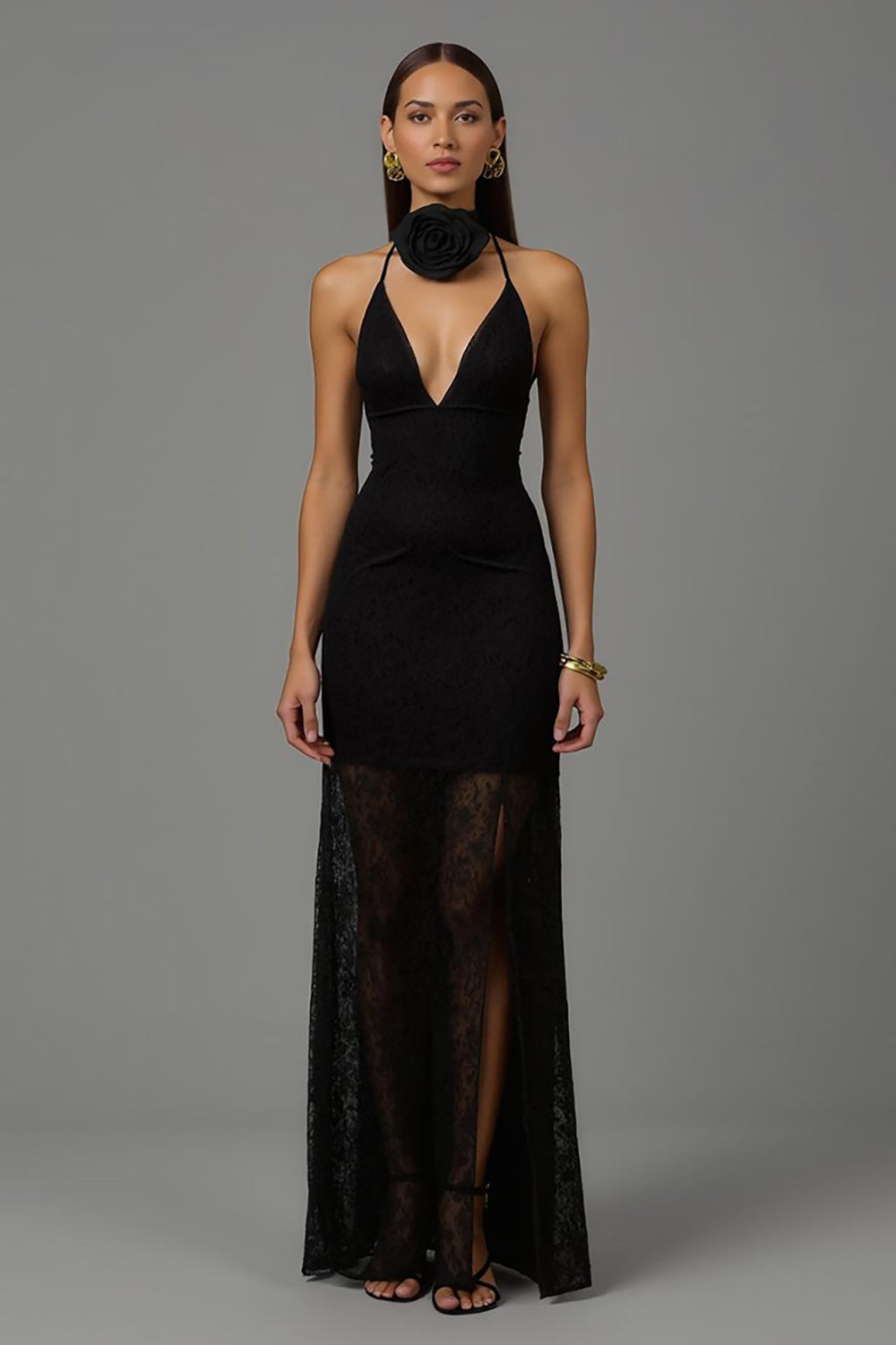 Schwarz Etuikleid V Ausschnitt 3D Blumen Lang Abendkleid mit Spitze