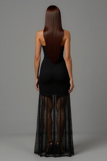 Schwarz Etuikleid V Ausschnitt 3D Blumen Lang Abendkleid mit Spitze