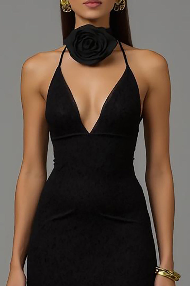Laden Sie das Bild in den Galerie-Viewer, Schwarz Etuikleid V Ausschnitt 3D Blumen Lang Abendkleid mit Spitze