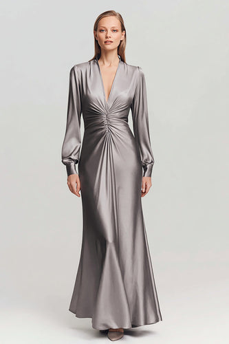 Grau Satin V Ausschnitt Gerafft Lang Abendkleid mit Ärmeln