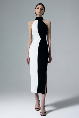Schwarz und Weiß Etuikleid Hoher Kragen Lang Abendkleid mit Schlitz