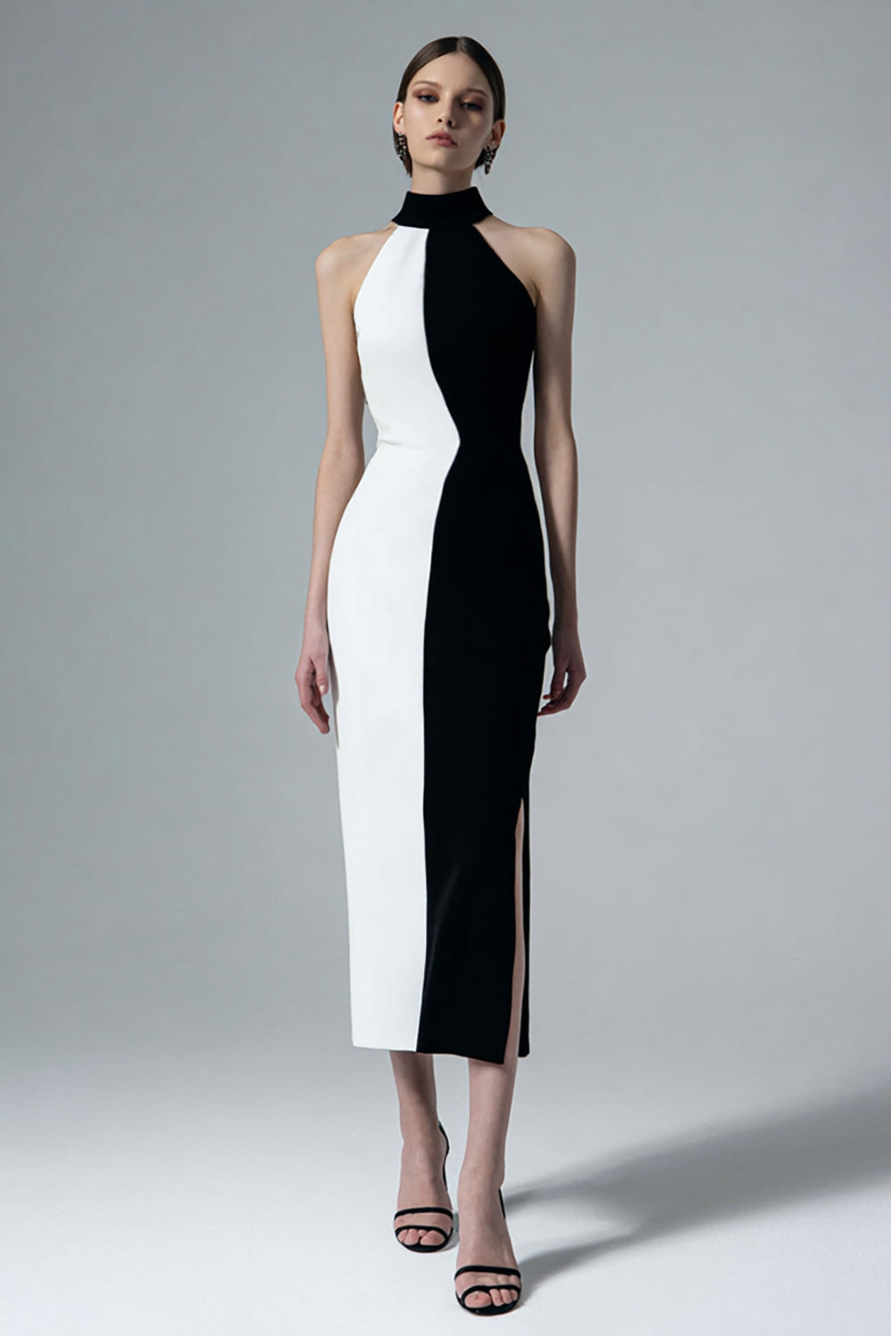 Schwarz und Weiß Etuikleid Hoher Kragen Lang Abendkleid mit Schlitz