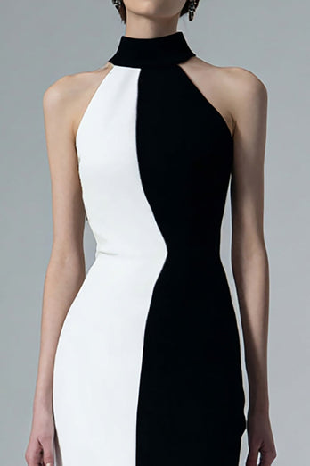 Schwarz und Weiß Etuikleid Hoher Kragen Lang Abendkleid mit Schlitz