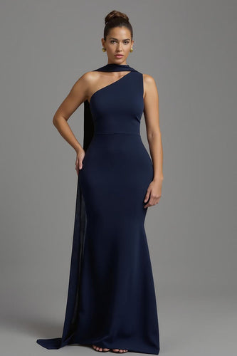 Marine Meerjungfrau Satin Halstuch Lang Formelles Kleid