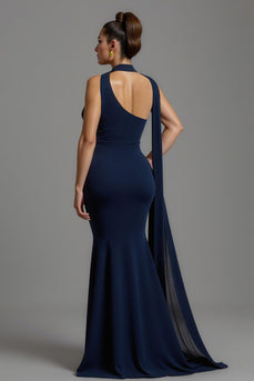 Marine Meerjungfrau Satin Halstuch Lang Formelles Kleid