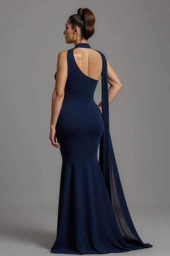 Marine Meerjungfrau Satin Halstuch Lang Formelles Kleid