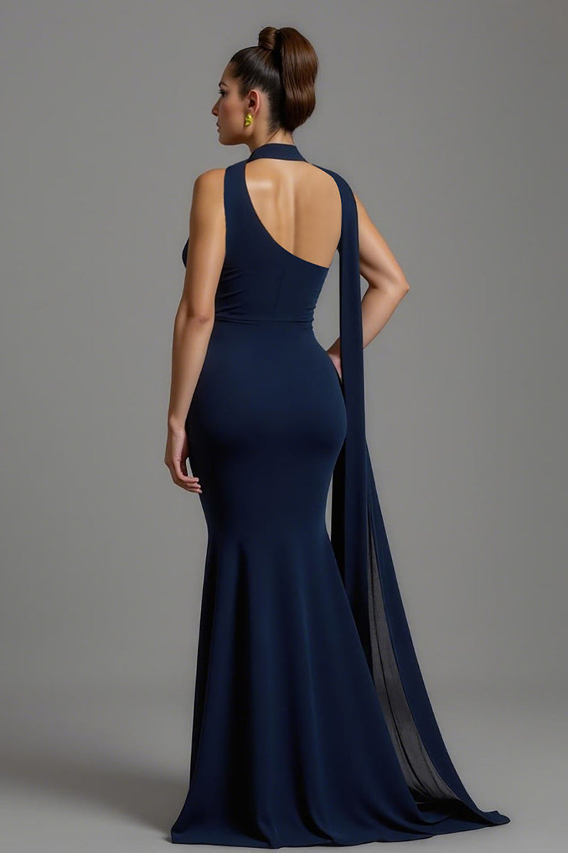 Laden Sie das Bild in den Galerie-Viewer, Marine Meerjungfrau Satin Halstuch Lang Formelles Kleid