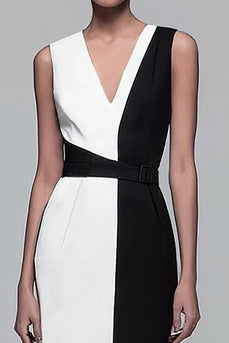 Schwarz und Weiß Etui Patchwork V Ausschnitt Lange Formelle Kleid
