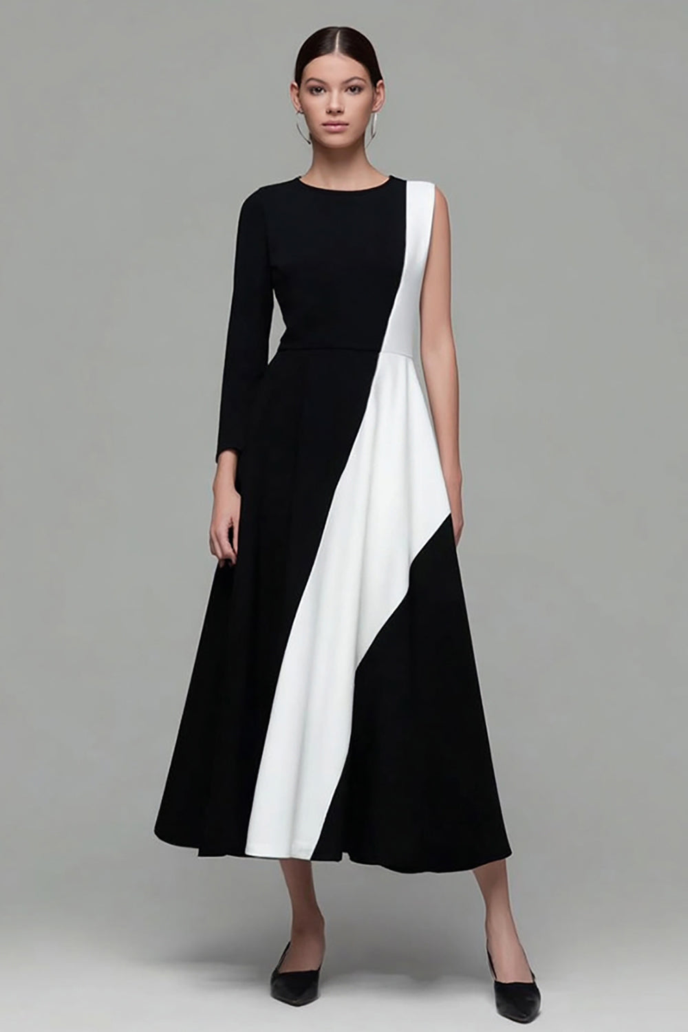 Schwarz und Weiß A Linie Formelle Kleid mit Ärmel