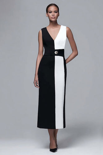 Schwarz und Weiß Etui V Ausschnitt Lange Formelle Kleid mit Gürtel