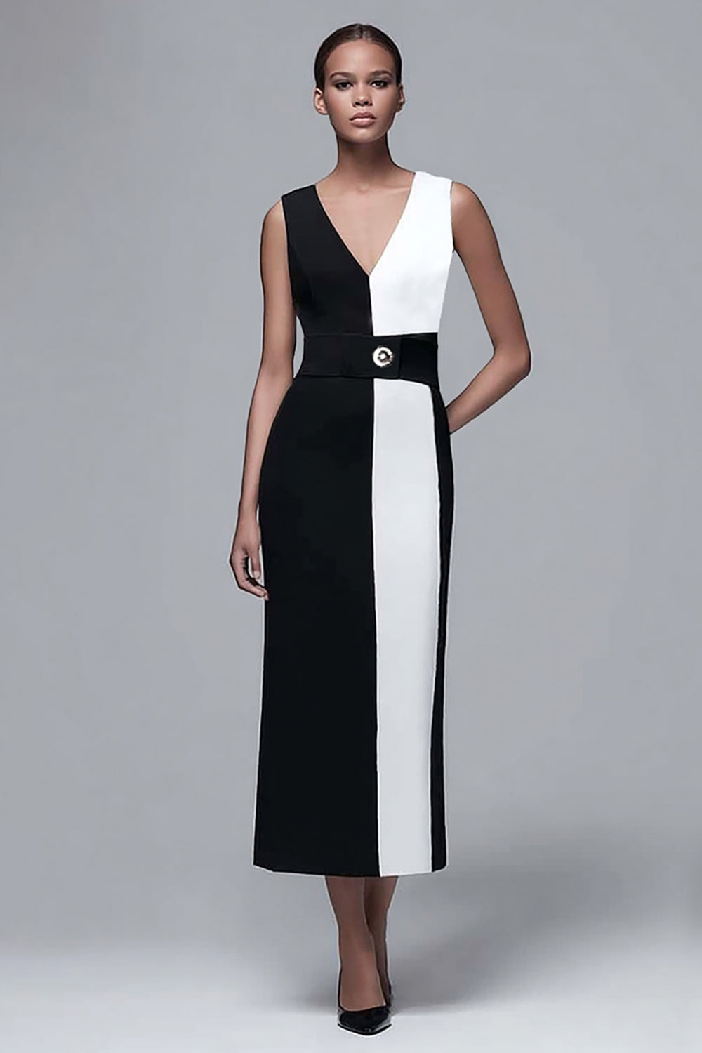 Schwarz und Weiß Etui V Ausschnitt Lange Formelle Kleid mit Gürtel
