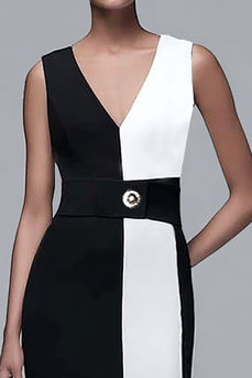 Schwarz und Weiß Etui V Ausschnitt Lange Formelle Kleid mit Gürtel