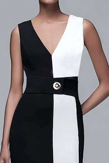 Schwarz und Weiß Etui V Ausschnitt Lange Formelle Kleid mit Gürtel