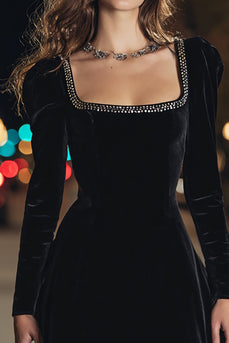 Glitzer Schwarz Samt Enges Square Neck Perlen Kurze Holiday Party Kleid