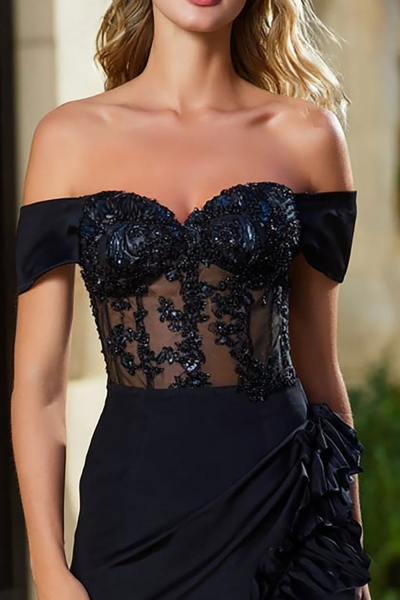 Laden Sie das Bild in den Galerie-Viewer, Glitzer Schwarz Enges Perlen Kurze Cocktail Kleid mit Rüschens